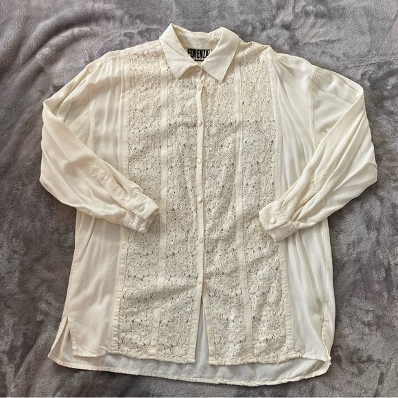 Vintage Forenza Lace Panel Button Up Blouse Cream Rayon Cotton Size Medium - Picture 1 of 9